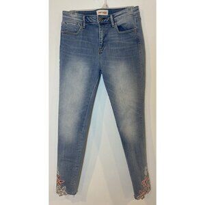 Driftwood Jackie High Rise Skinny Jeans Blue Red Floral Embroidery Raw Hem 28
